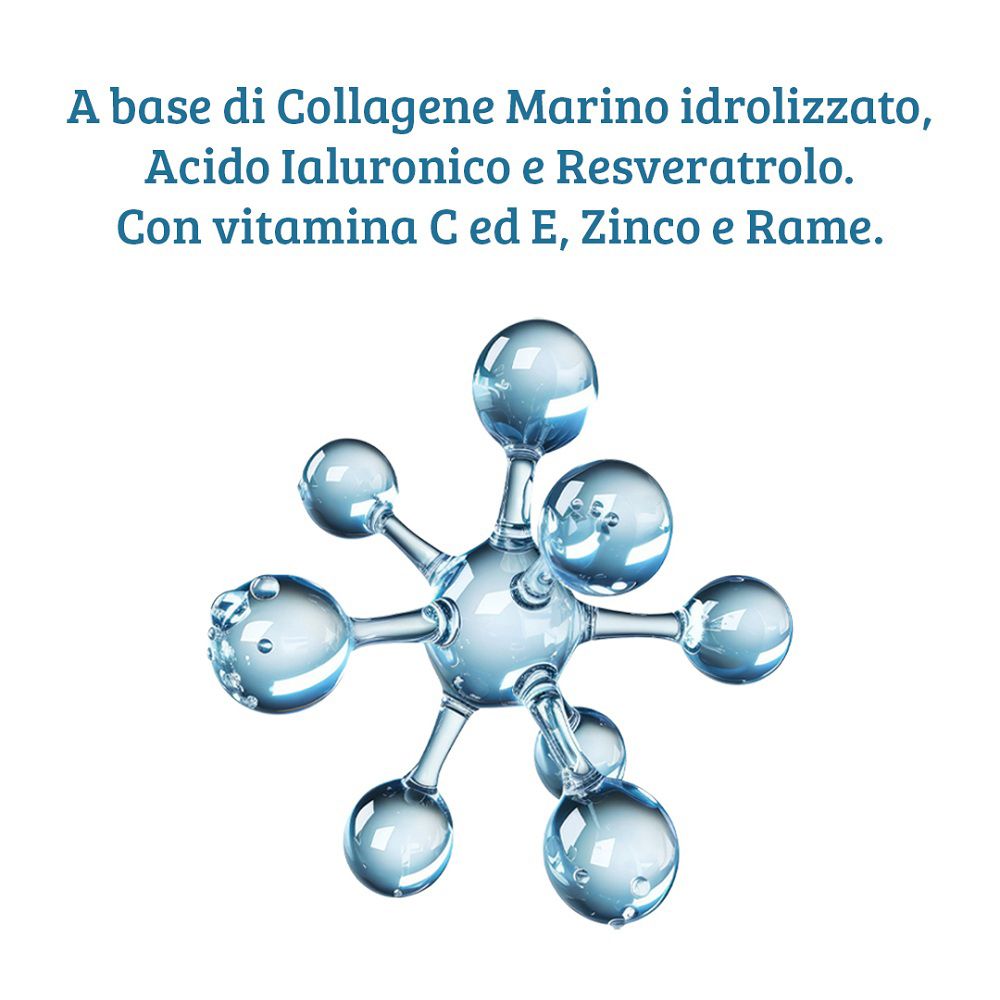 Struttura molecolare in vetro con gocce d'acqua, a simboleggiare gli ingredienti.