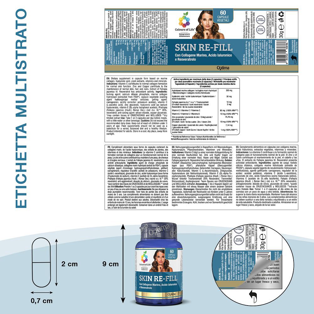 Etichetta con informazioni sul prodotto, ingredienti e istruzioni per il dosaggio.