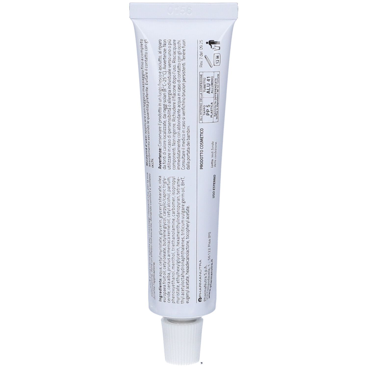 Retro del tubo bianco. Testo e ingredienti. Prodotto cosmetico. Informazioni in italiano.