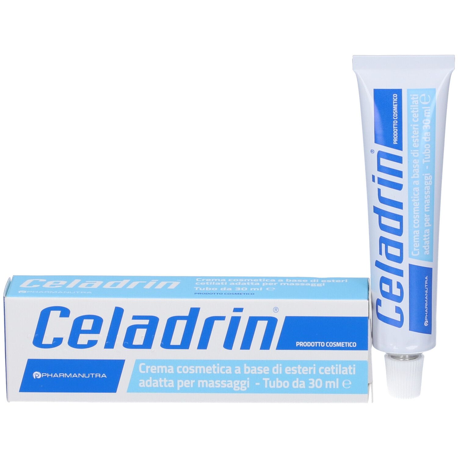 Tubo e scatola. Testo: Celadrin, crema per massaggi. Cosmetico. Design blu e bianco.