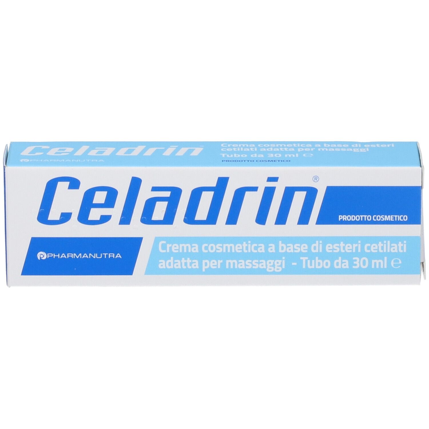 Scatola blu con testo bianco: Celadrin, crema per massaggi. Cosmetico. Logo.