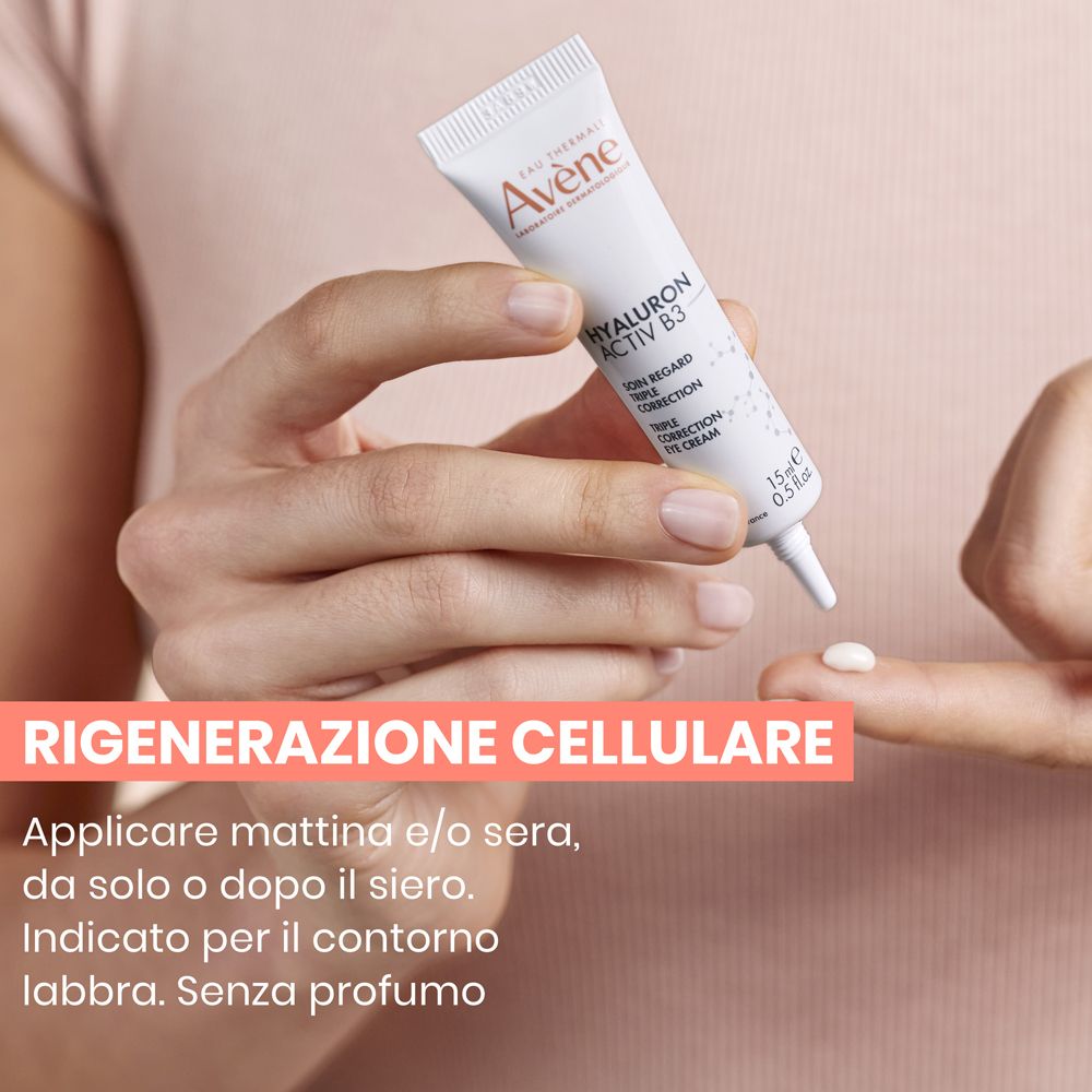 Mano con tubo. Testo: Applicare mattina e/o sera, da solo o dopo il siero. Indicato per il contorno labbra.