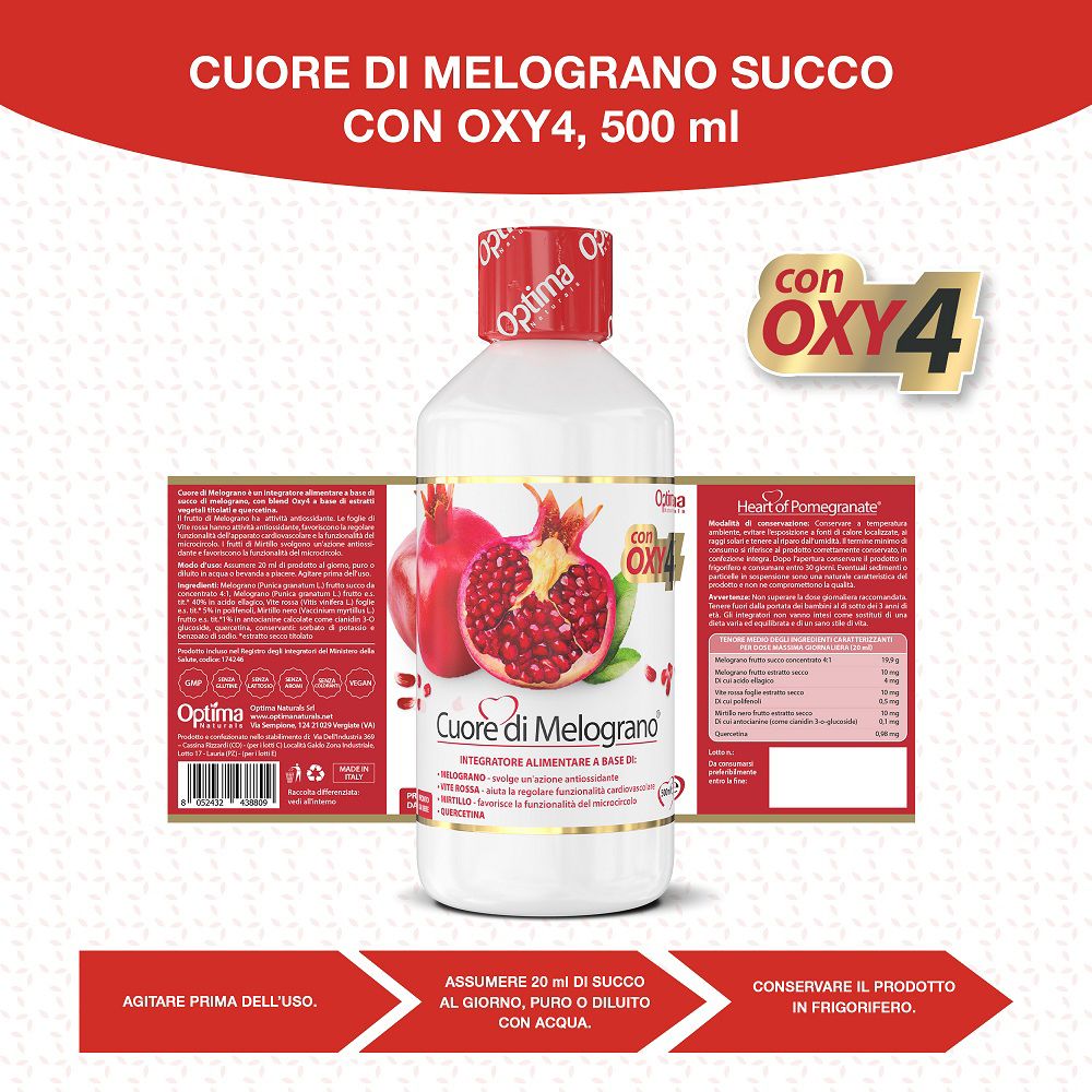 Fronte di un flacone bianco con grafica di melograno e dettagliate informazioni sul prodotto.