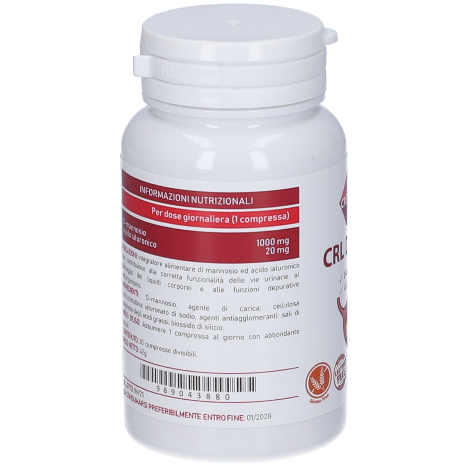 Retro del flacone bianco. Informazioni nutrizionali e ingredienti. Testo in rosso.