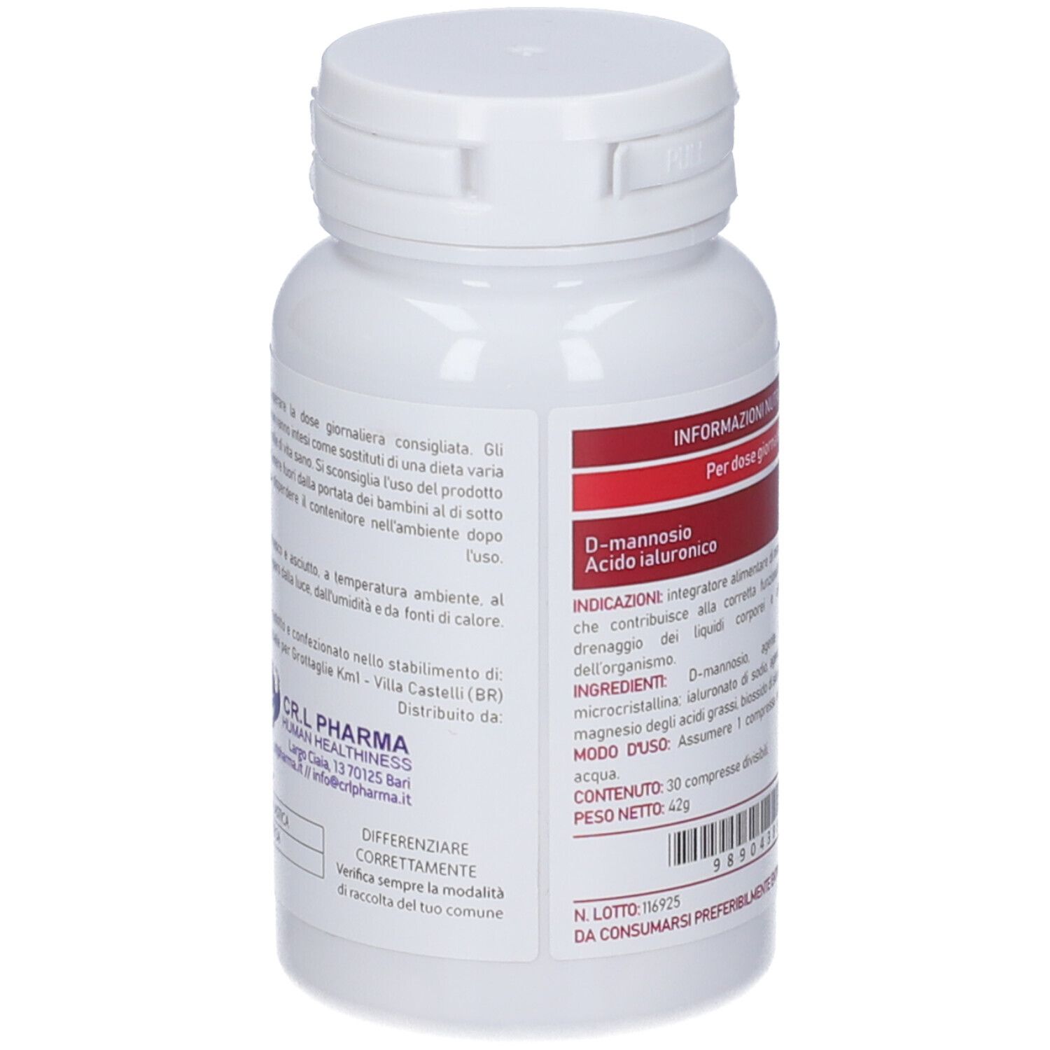 Retro del flacone bianco. Informazioni sugli ingredienti e l'uso. Testo in rosso.