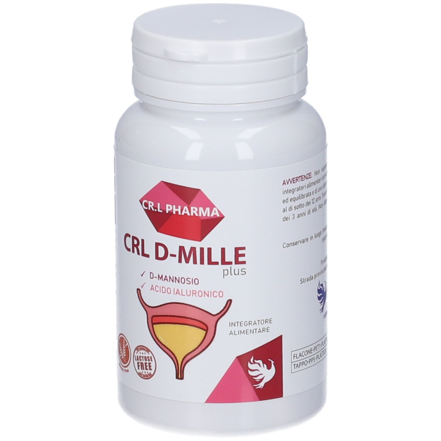 Flacone bianco con tappo. Scritta: CRL D-MILLE plus. Contiene D-mannosio e acido ialuronico. Illustrazione della vescica.