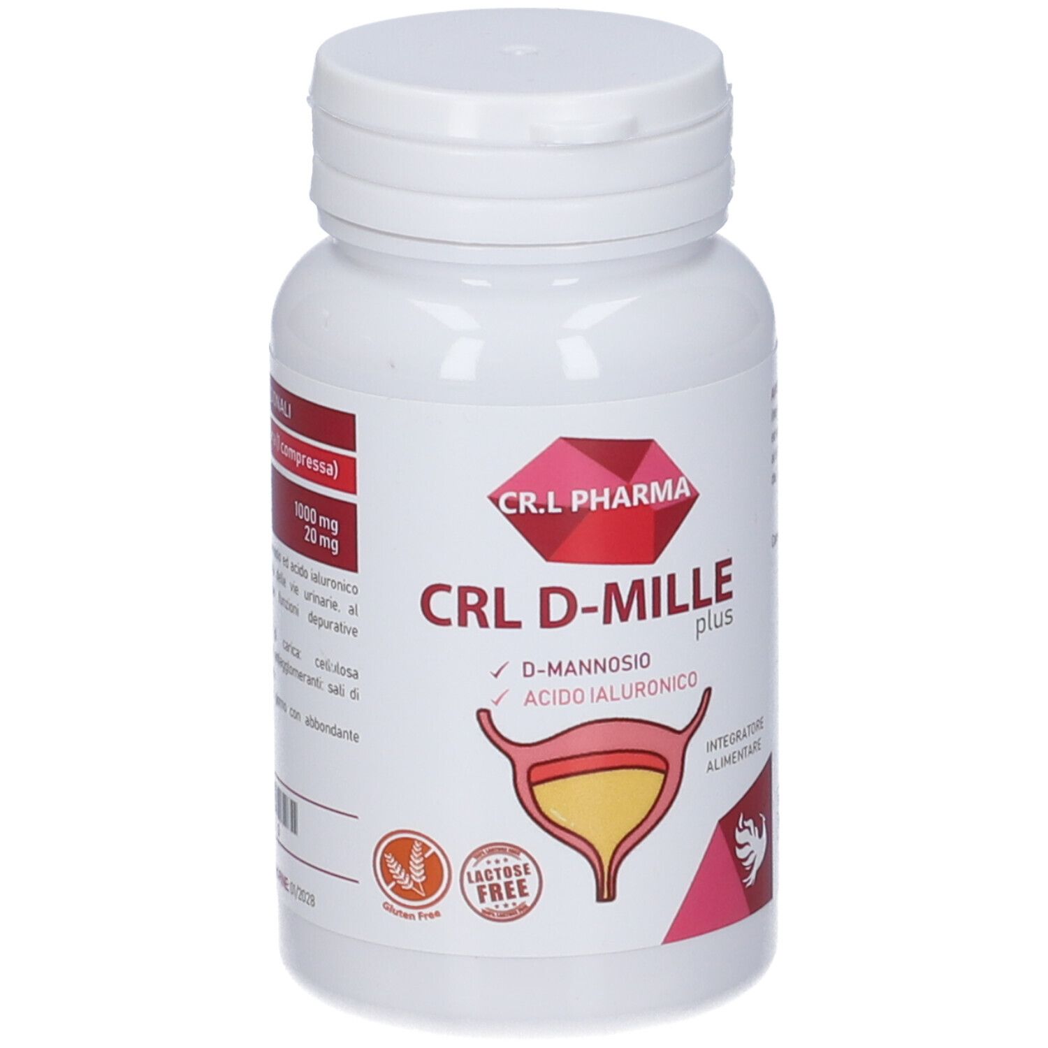 Flacone bianco con tappo. Scritta: CRL D-MILLE plus. Contiene D-mannosio e acido ialuronico. Illustrazione della vescica.