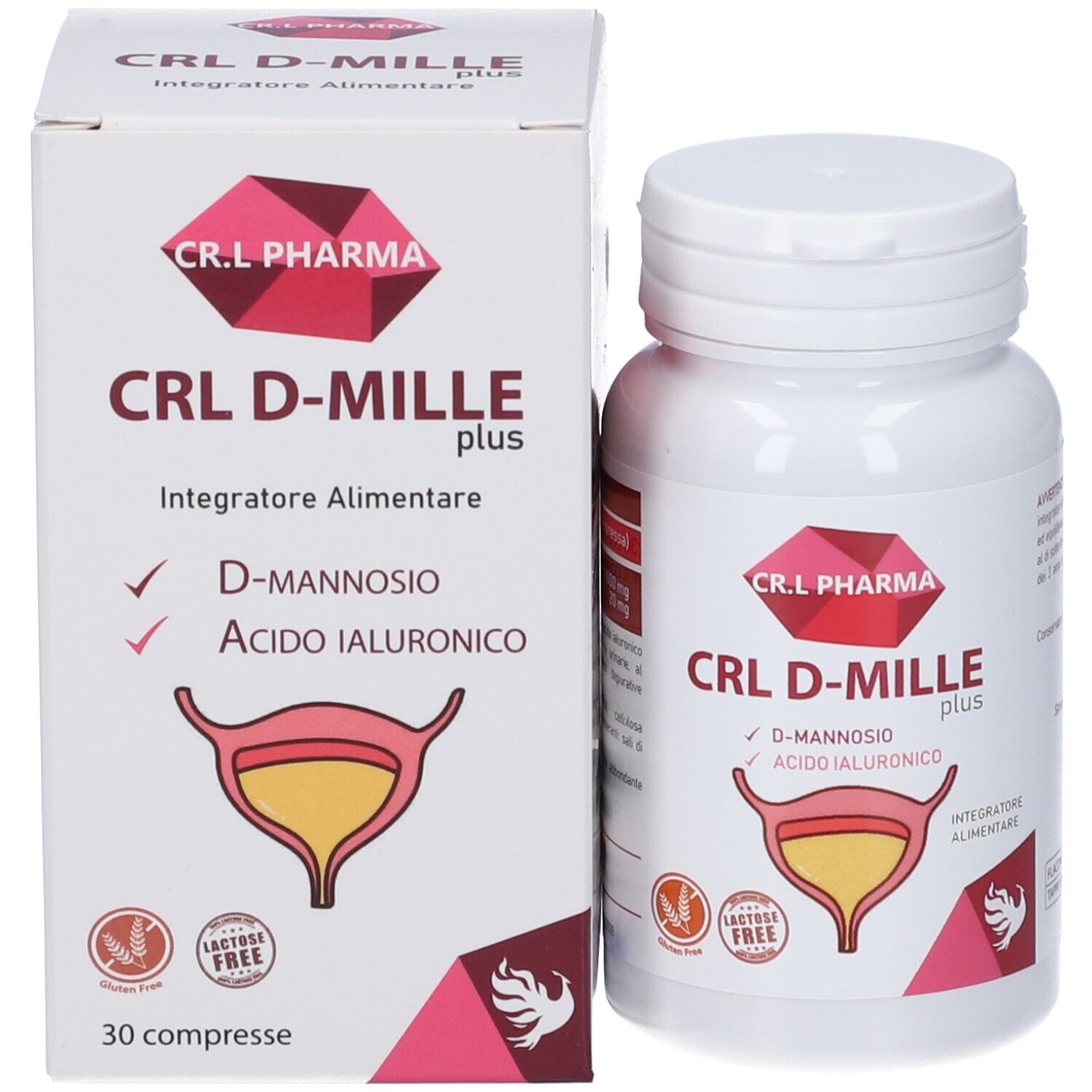Confezione e flacone del prodotto. Scritta: CRL D-MILLE plus. Contiene D-mannosio e acido ialuronico. 30 compresse.