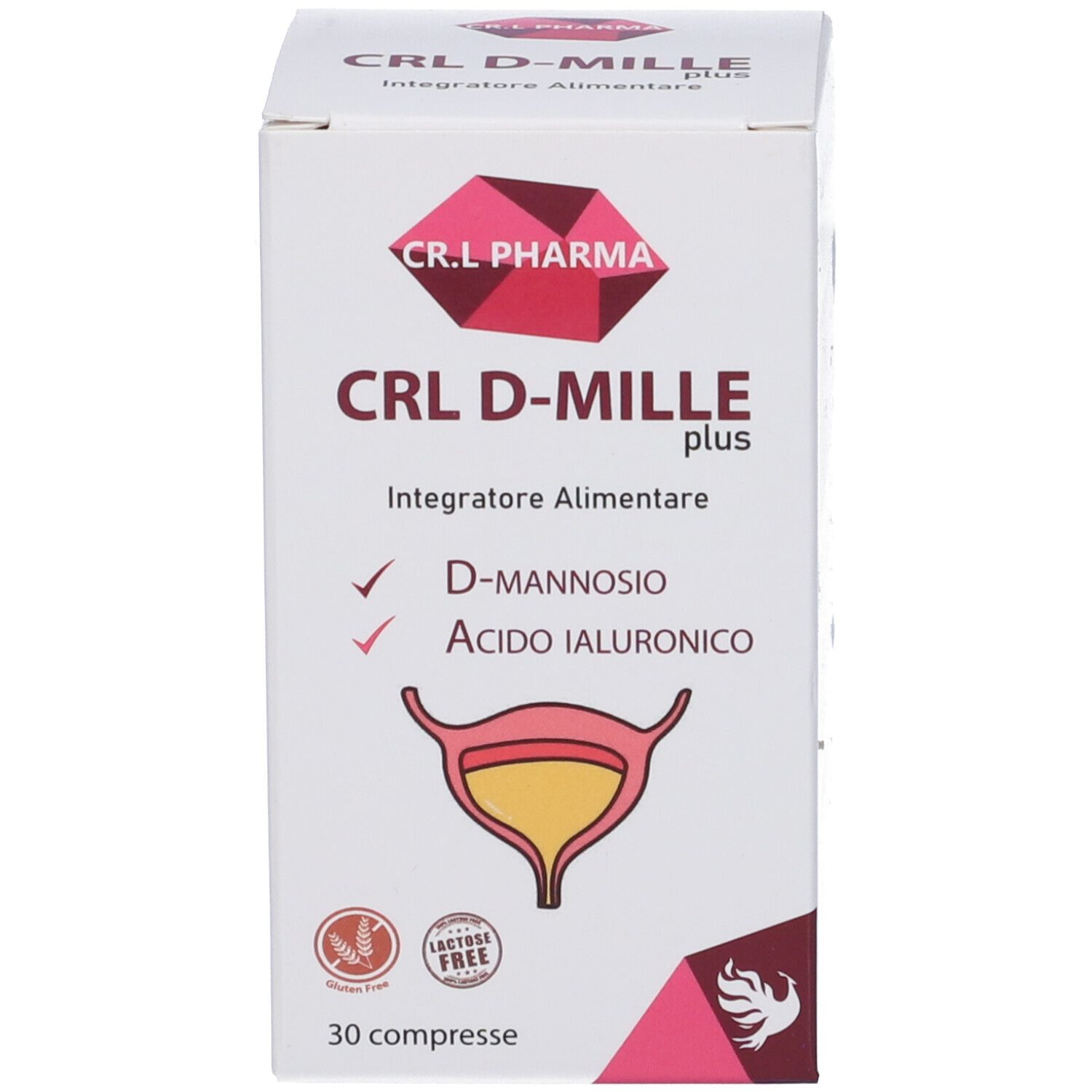 Confezione del prodotto. Scritta: CRL D-MILLE plus. Contiene D-mannosio e acido ialuronico. 30 compresse.
