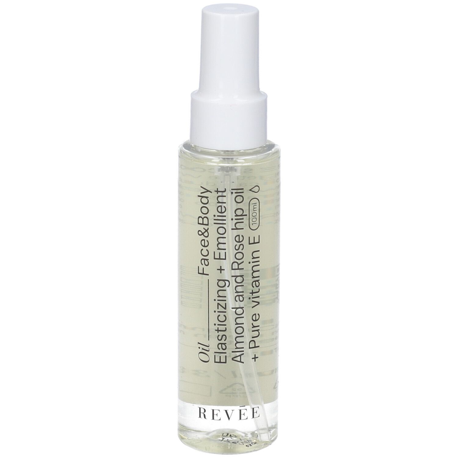 Flacone di olio trasparente con vaporizzatore bianco. Scritte: Revée, Face&Body Oil, olio di mandorle e rosa canina, vitamina E.