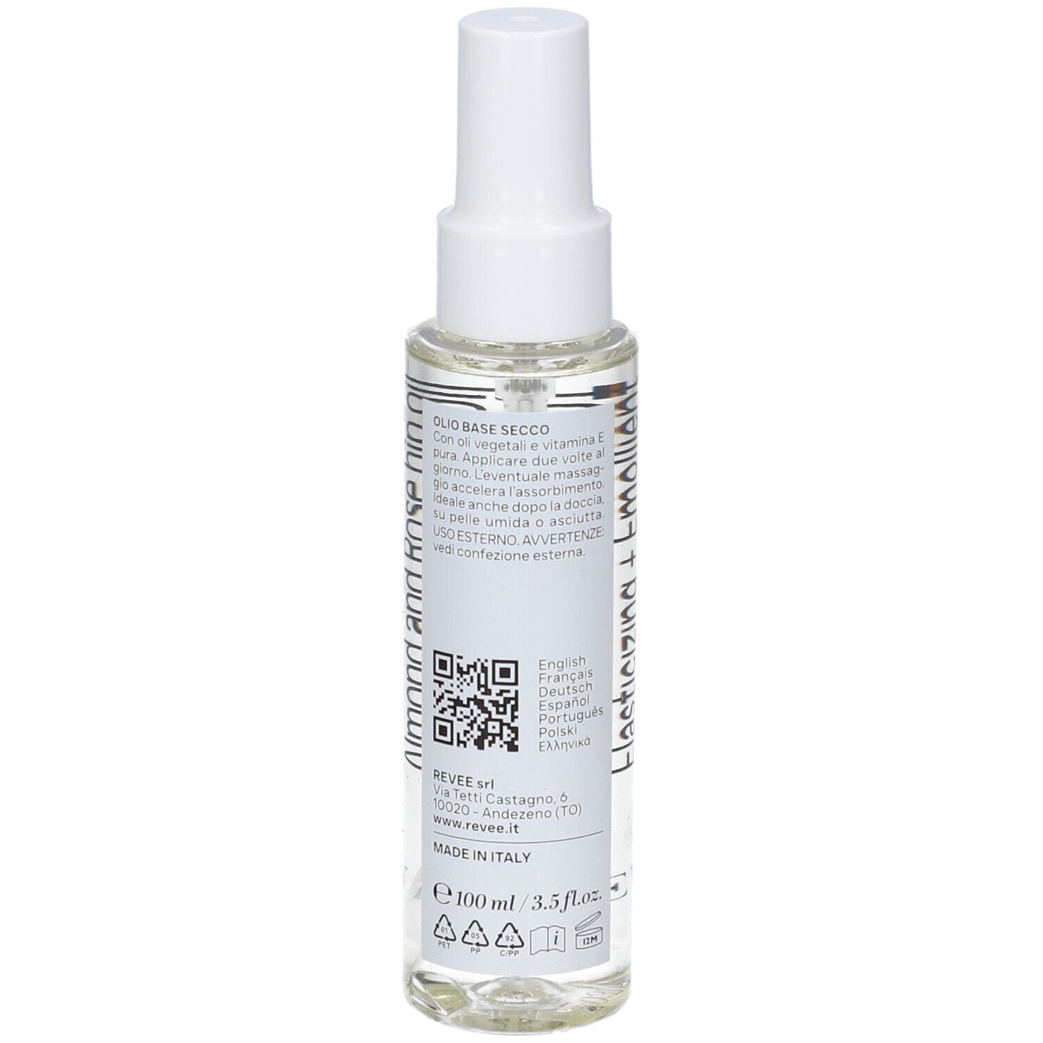 Flacone di olio trasparente con vaporizzatore bianco. Scritte: Revée, Face&Body Oil, olio di mandorle e rosa canina, vitamina E.