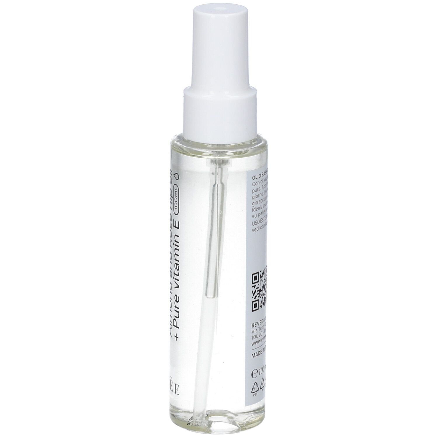 Flacone di olio trasparente con vaporizzatore bianco. Scritte: Revée, Face&Body Oil, olio di mandorle e rosa canina, vitamina E.