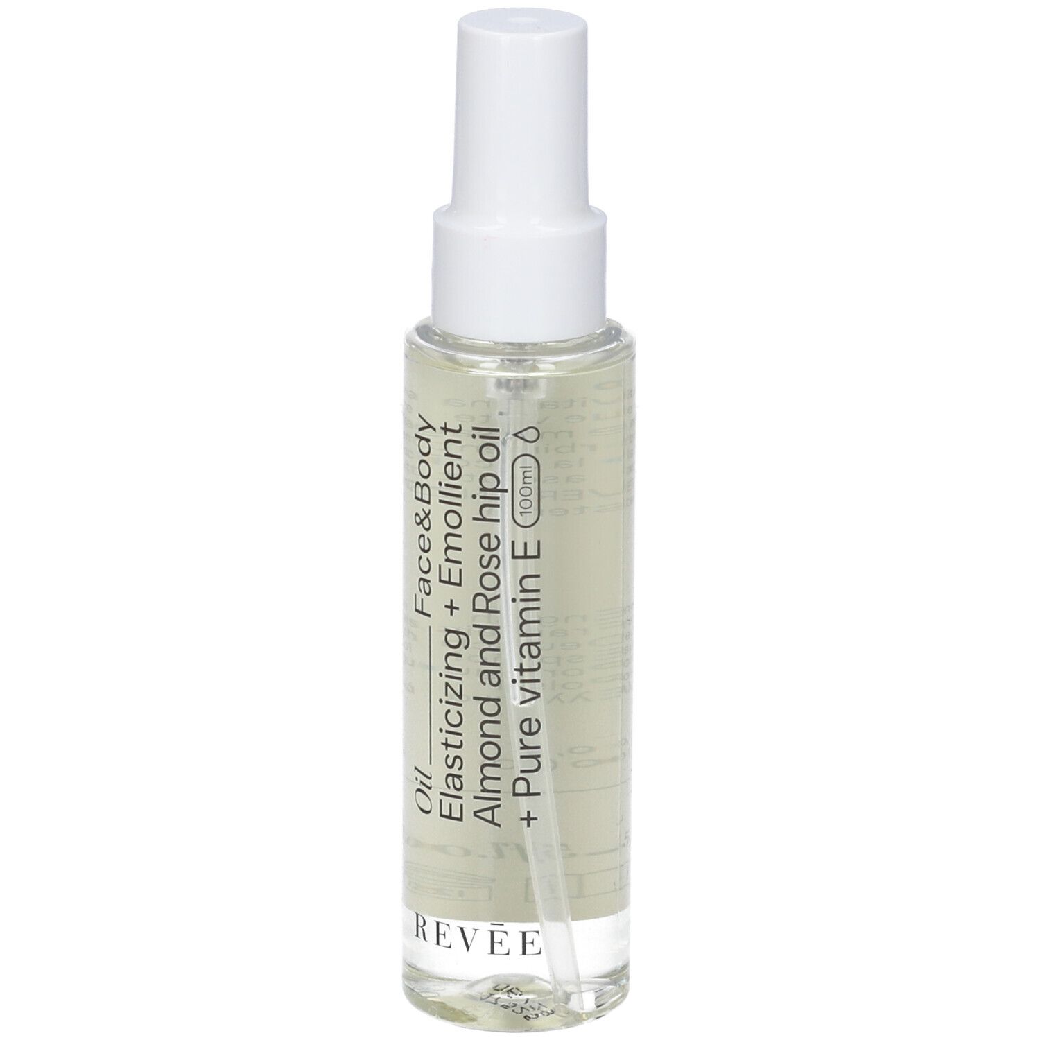 Flacone di olio trasparente con vaporizzatore bianco. Scritte: Revée, Face&Body Oil, olio di mandorle e rosa canina, vitamina E.