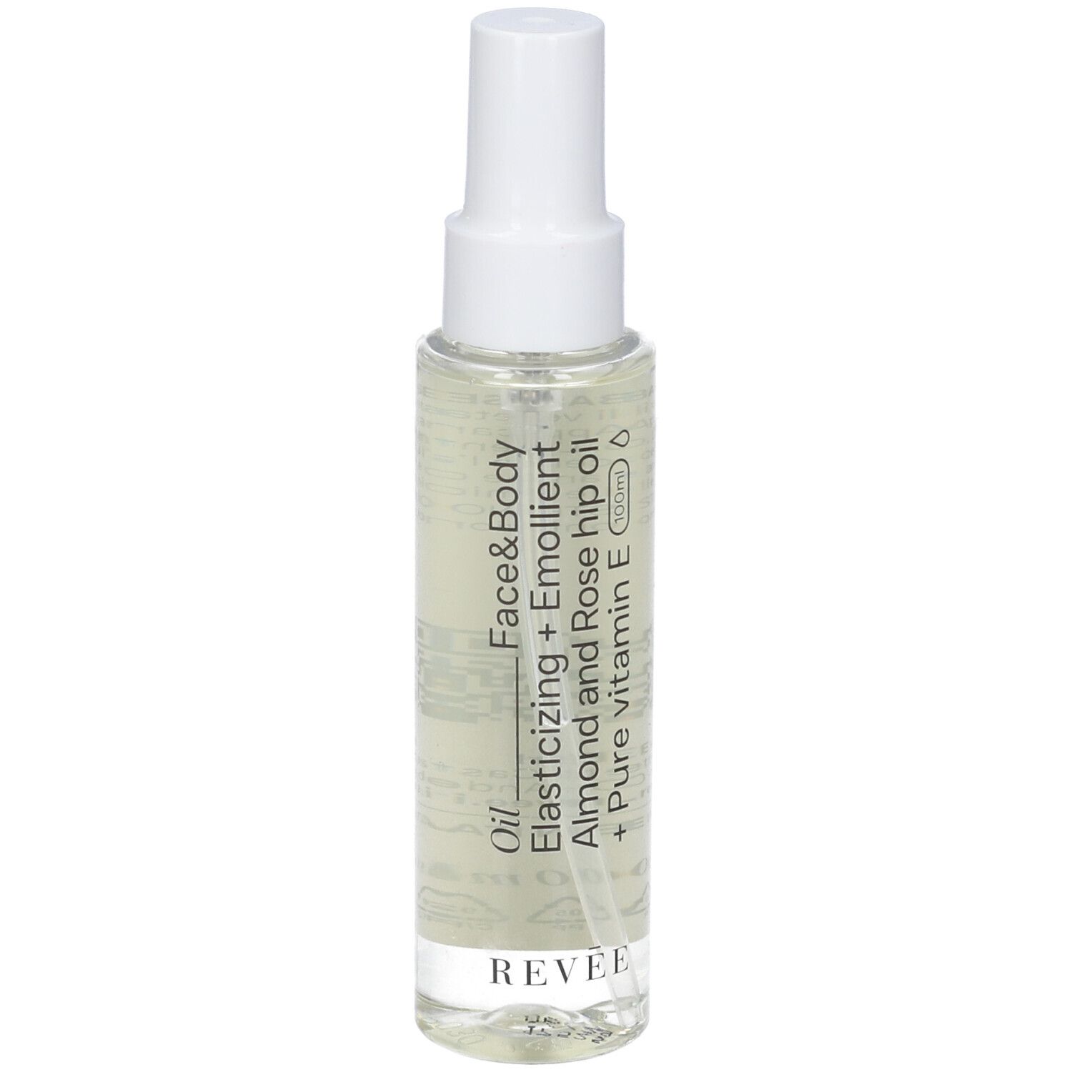 Flacone di olio trasparente con vaporizzatore bianco. Scritte: Revée, Face&Body Oil, olio di mandorle e rosa canina, vitamina E.