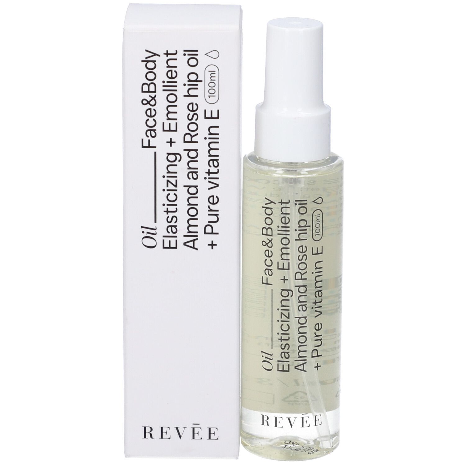 Flacone di olio trasparente con vaporizzatore bianco. Scritte: Revée, Face&Body Oil, olio di mandorle e rosa canina, vitamina E.