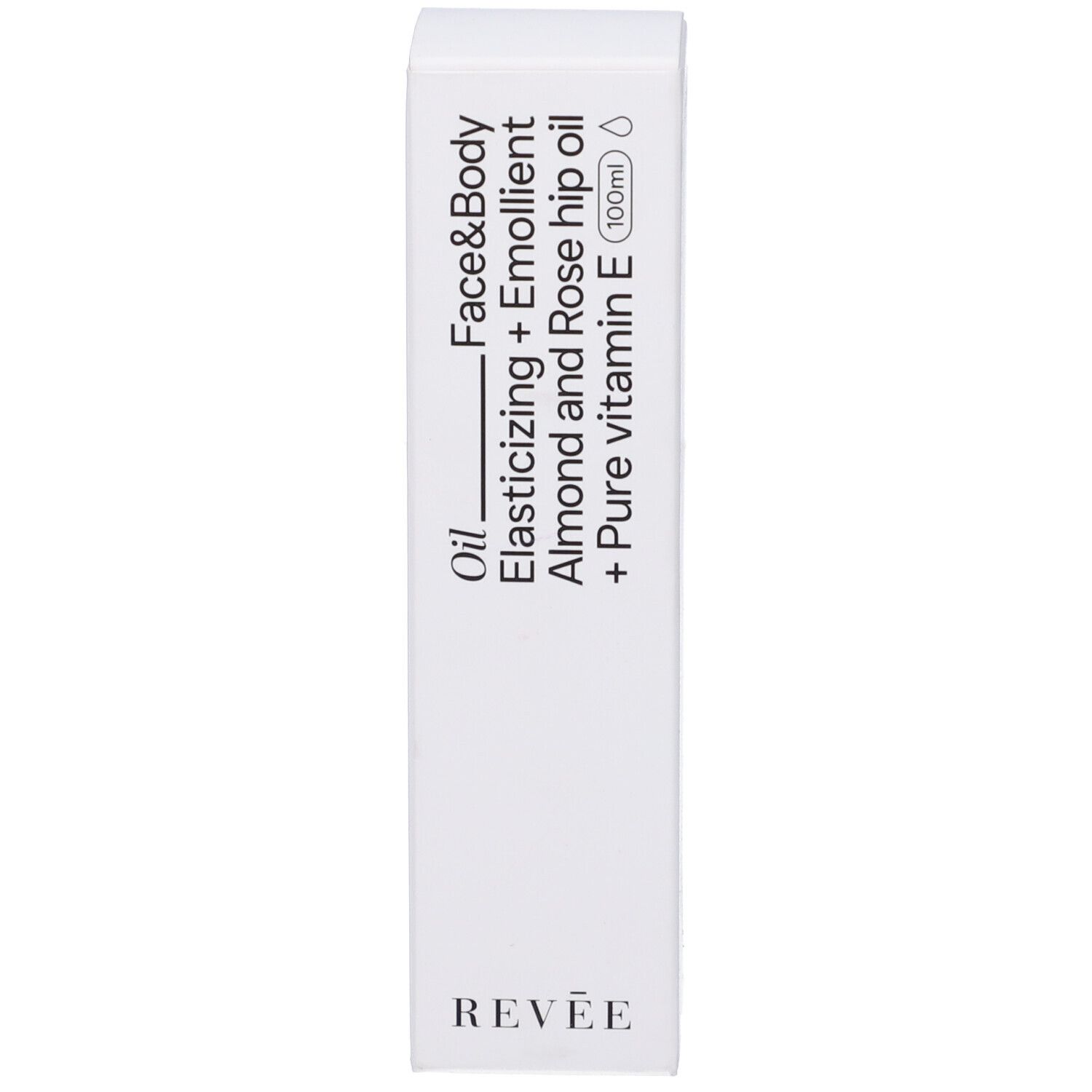Scatola bianca con scritte: Revée, Face&Body Oil, olio di mandorle e rosa canina, vitamina E. Flacone di olio accanto.