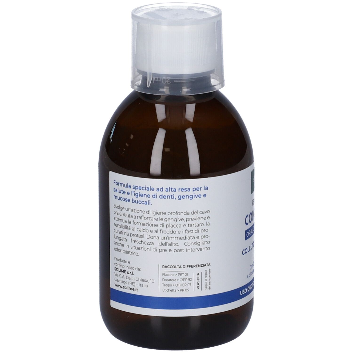 Retro del flacone marrone. Etichetta con testo. Marchio Solime. Cura orale.