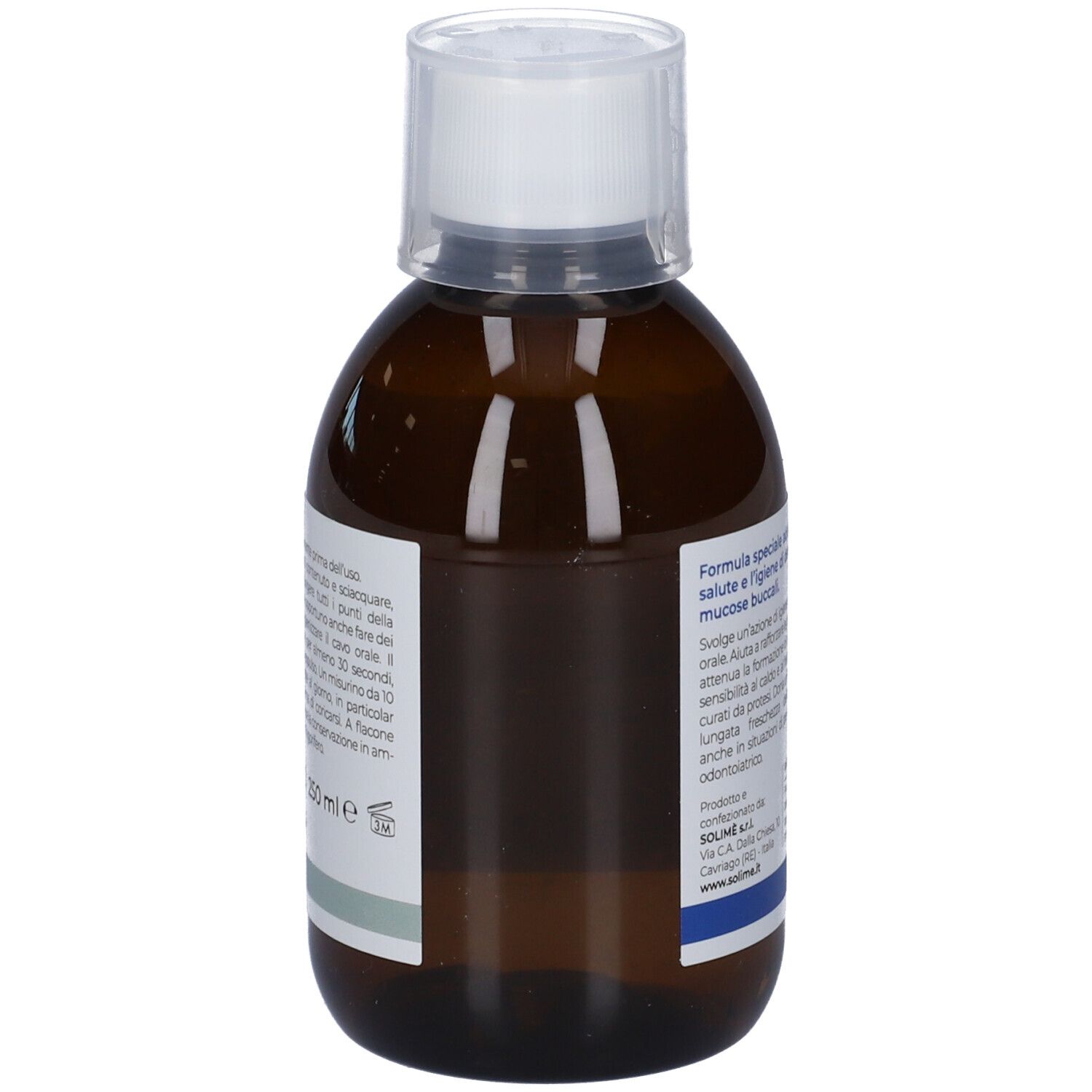 Retro del flacone marrone. Etichetta con testo. Marchio Solime. Cura orale.