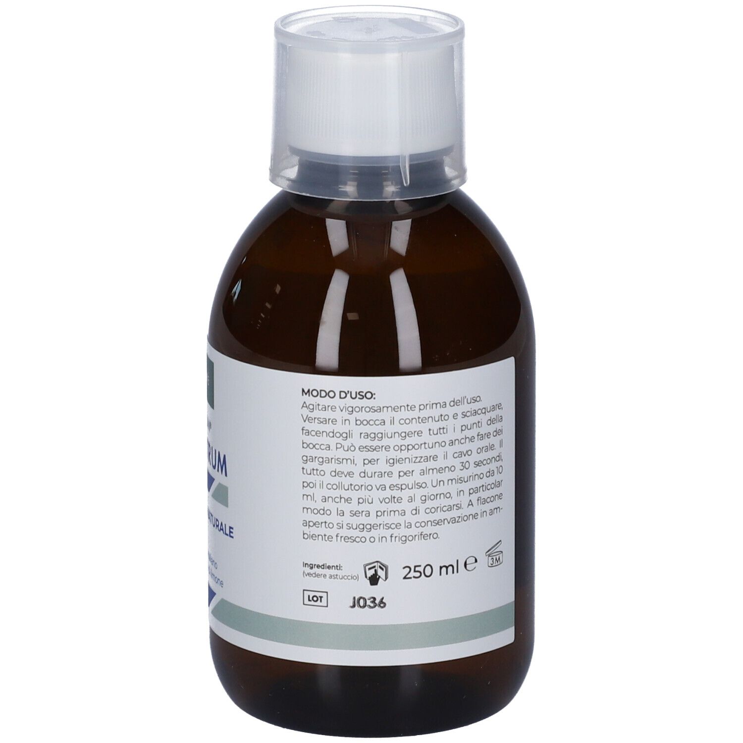 Retro del flacone marrone. Etichetta con testo. Marchio Solime. Cura orale. 250 ml.