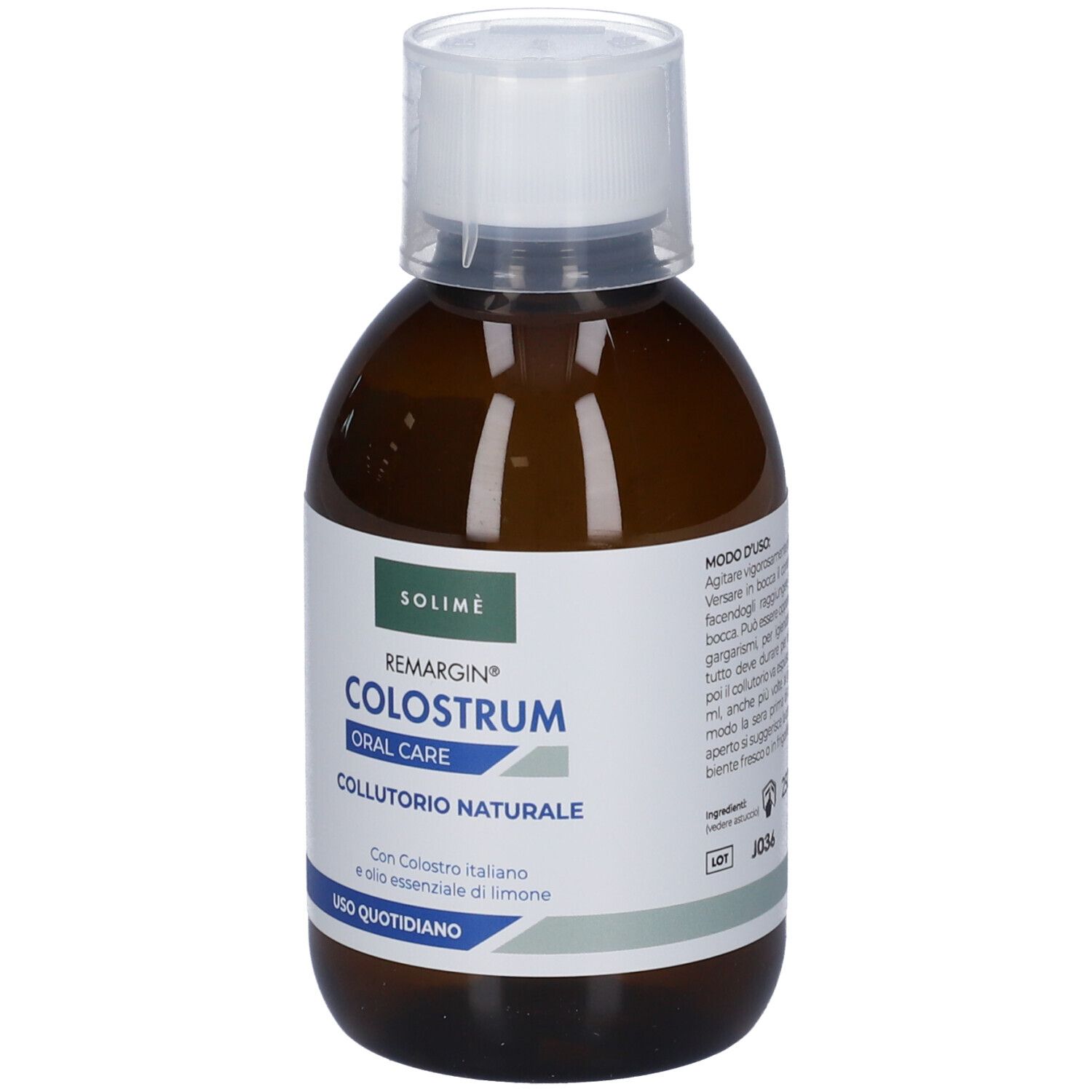 Flacone marrone con tappo bianco. Etichetta con nome prodotto e testo. Marchio Solime. Cura orale.