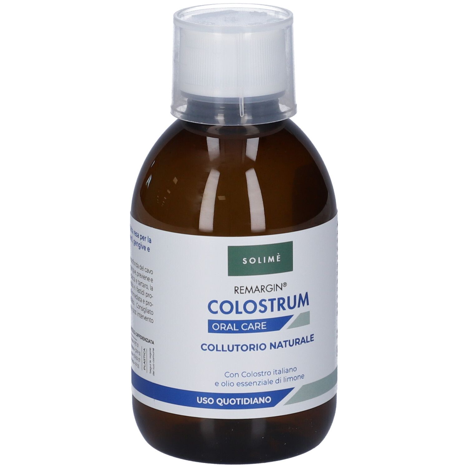 Flacone marrone con tappo bianco. Etichetta con nome prodotto e testo. Marchio Solime. Cura orale.