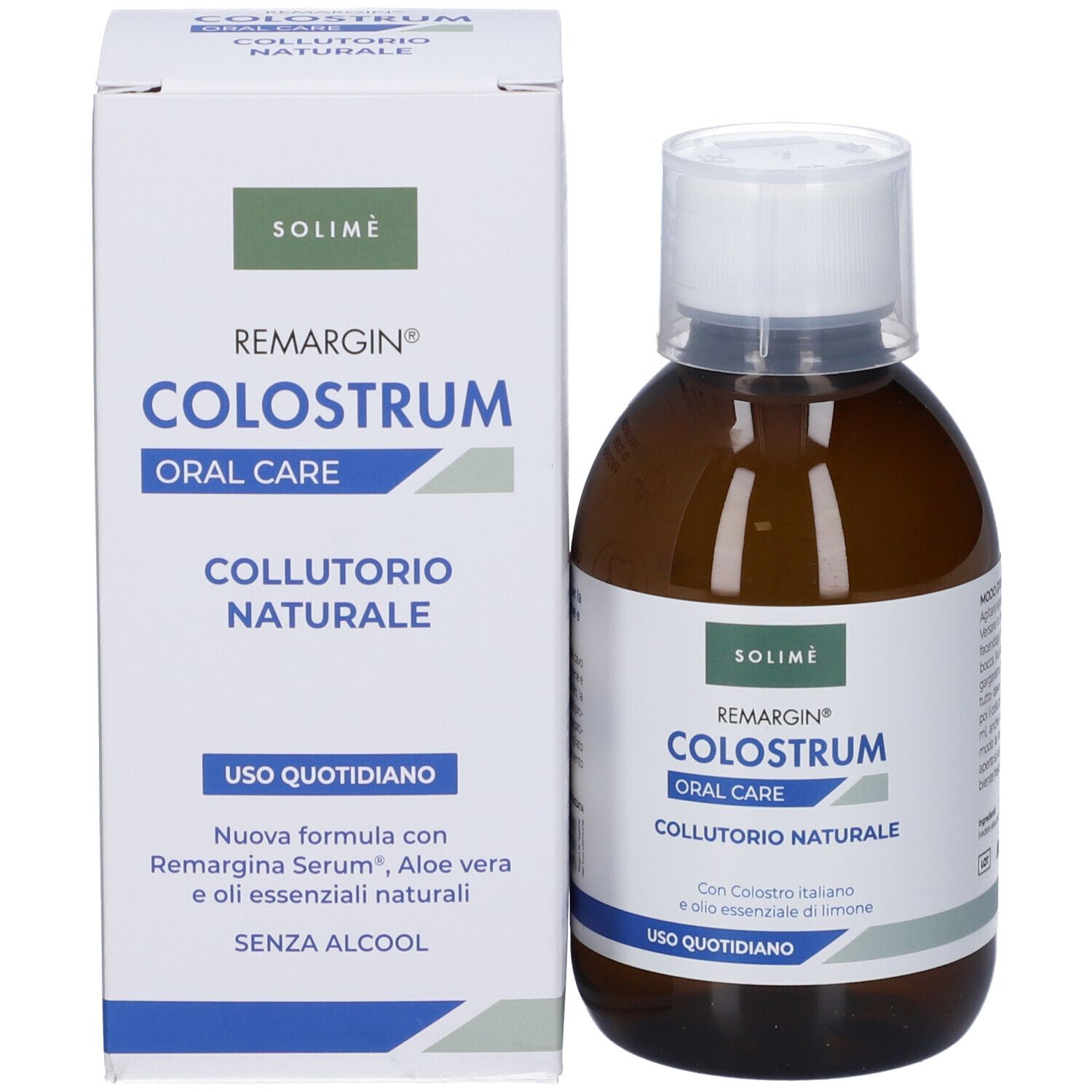Flacone marrone e scatola. Flacone con tappo bianco. Etichetta con testo. Marchio Solime. Cura orale.