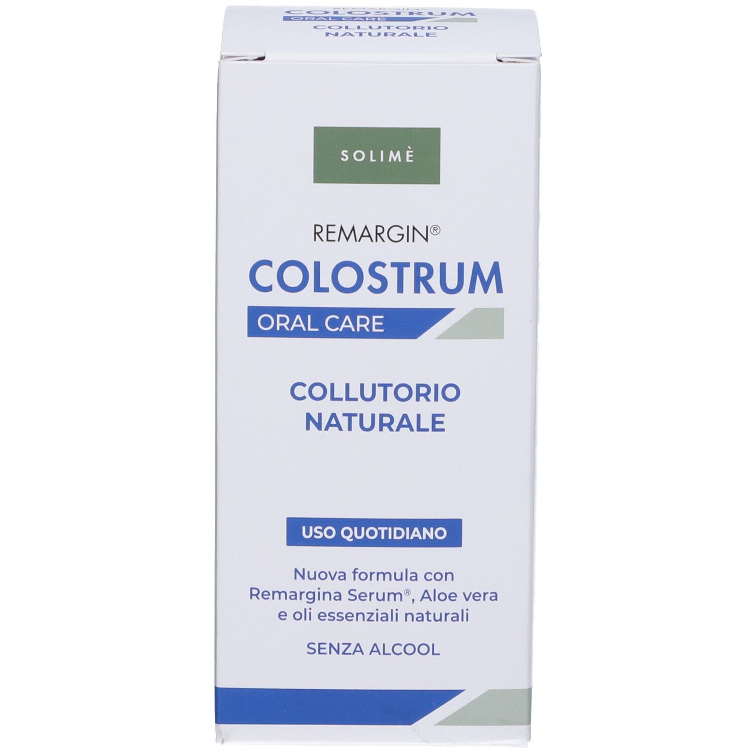 Scatola con nome prodotto e testo. Marchio Solime. Cura orale. Senza alcool.