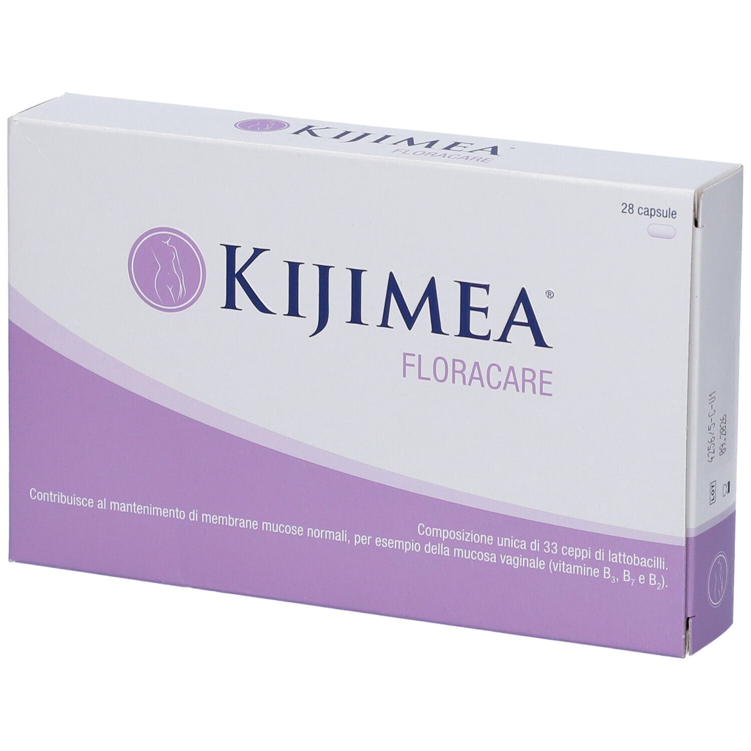 Confezione Kijimea FloraCare. Scatola bianca con dettagli viola. Nome del prodotto e logo ben visibili.