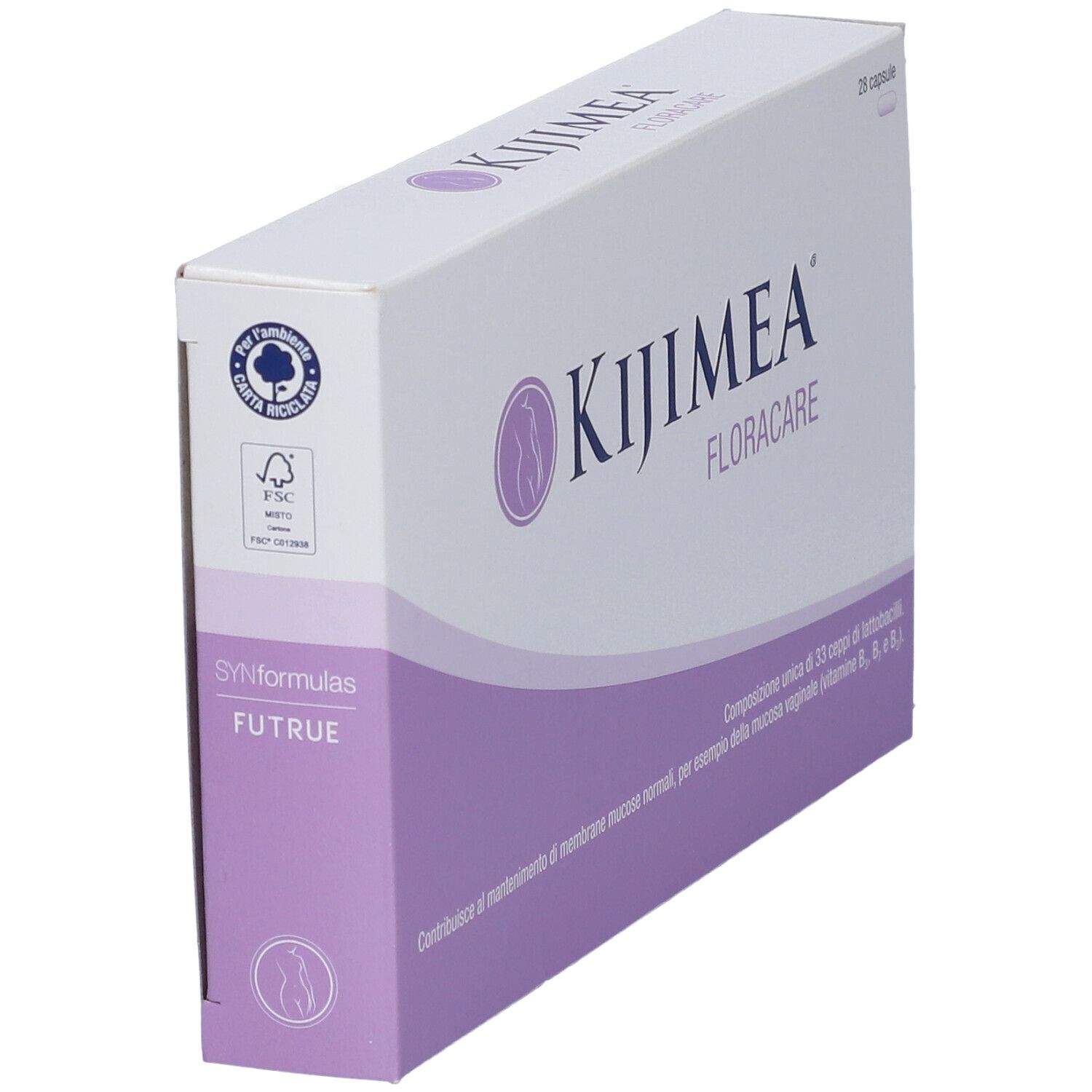 Confezione Kijimea FloraCare. Scatola bianca con dettagli viola. Nome del prodotto e logo ben visibili.