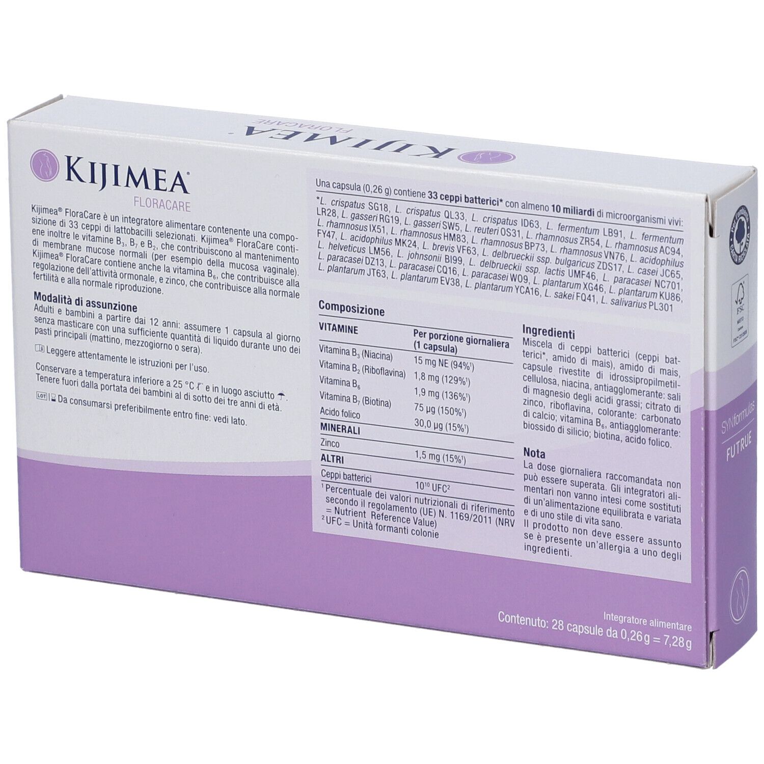 Confezione Kijimea FloraCare. Scatola bianca con dettagli viola. Nome del prodotto e logo ben visibili.