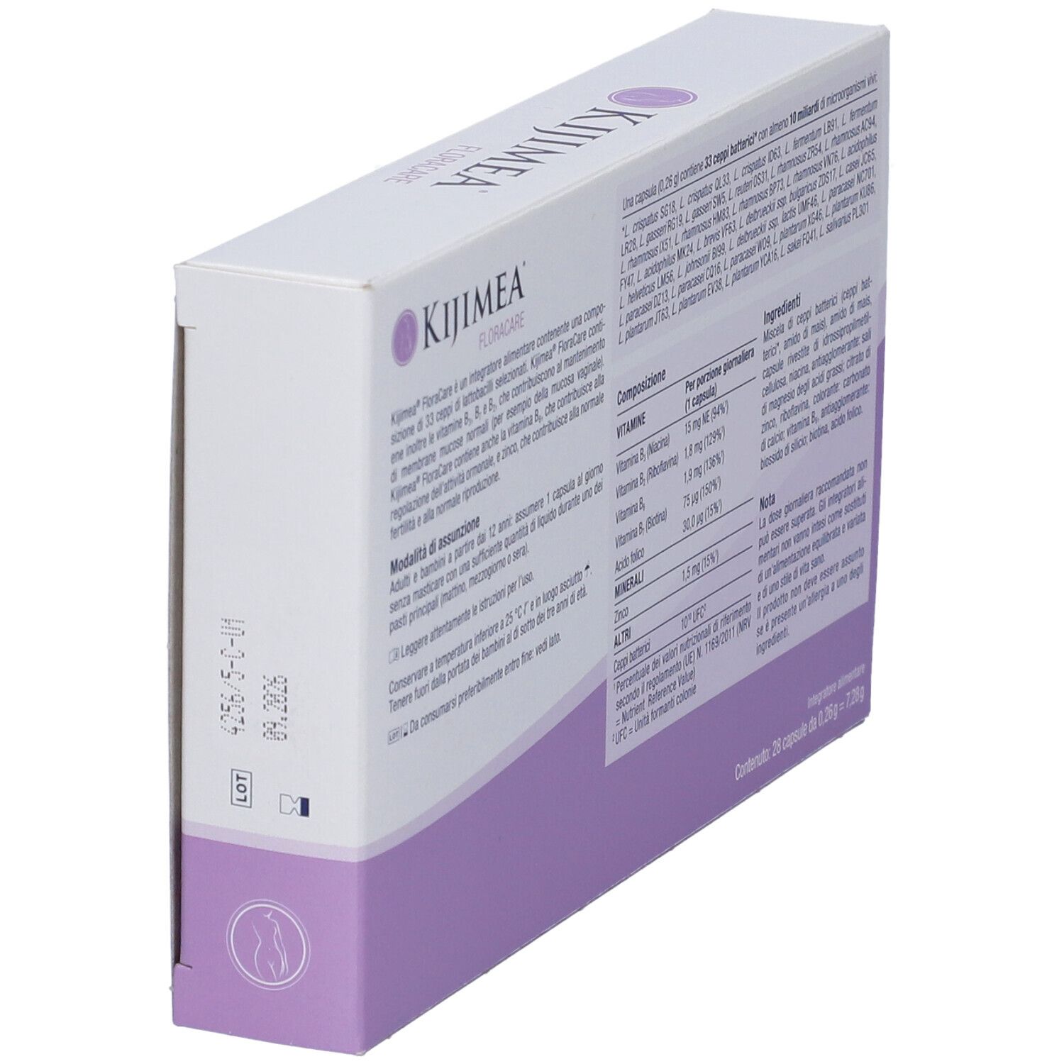 Confezione Kijimea FloraCare. Scatola bianca con dettagli viola. Nome del prodotto e logo ben visibili.
