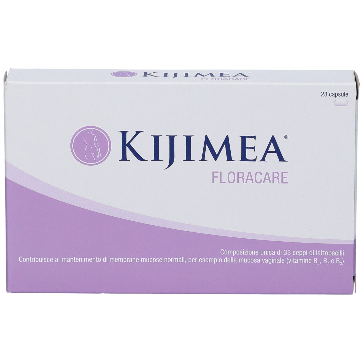 Confezione Kijimea FloraCare. Scatola bianca con dettagli viola. Nome del prodotto e logo ben visibili.