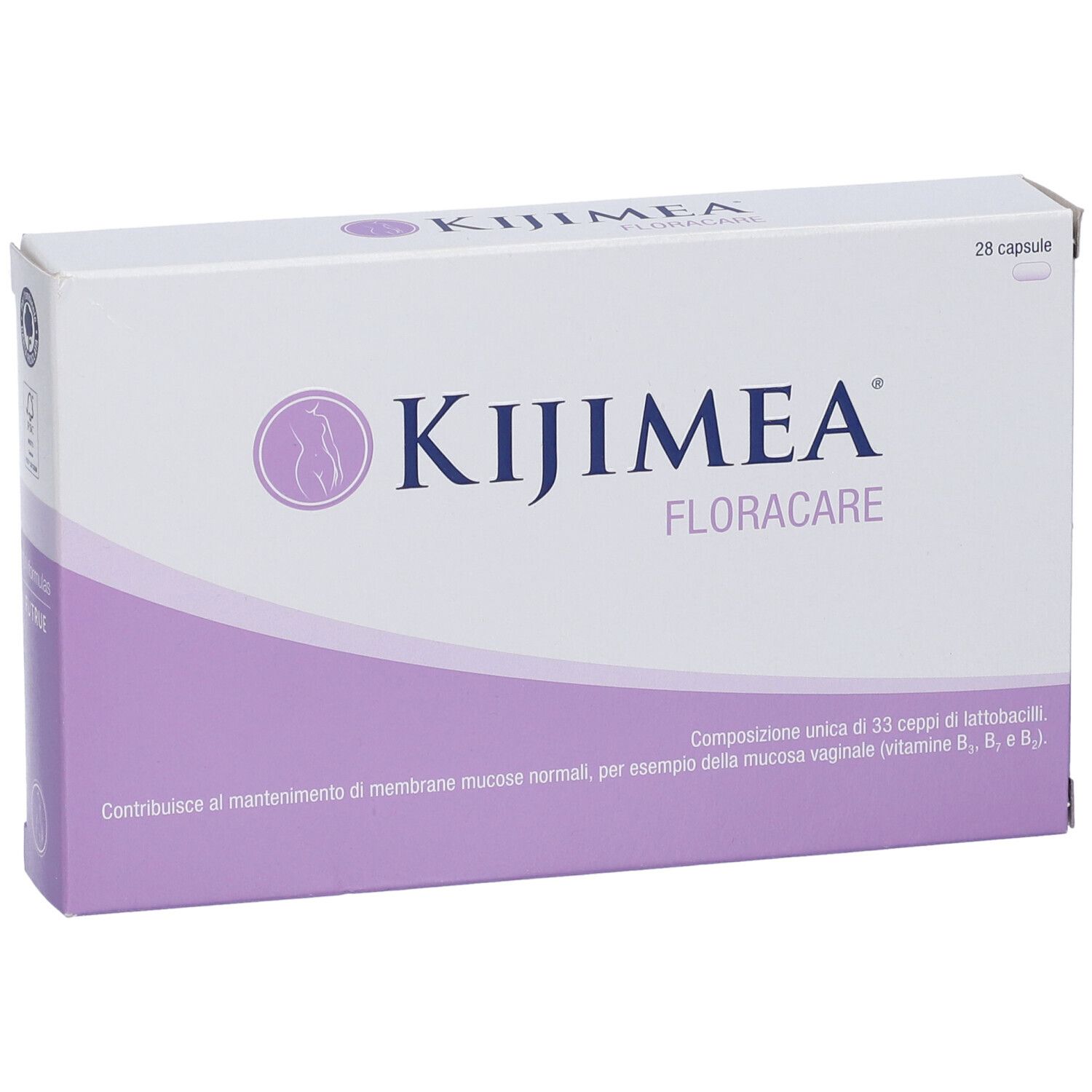 Confezione Kijimea FloraCare. Scatola bianca con dettagli viola. Nome del prodotto e logo ben visibili.
