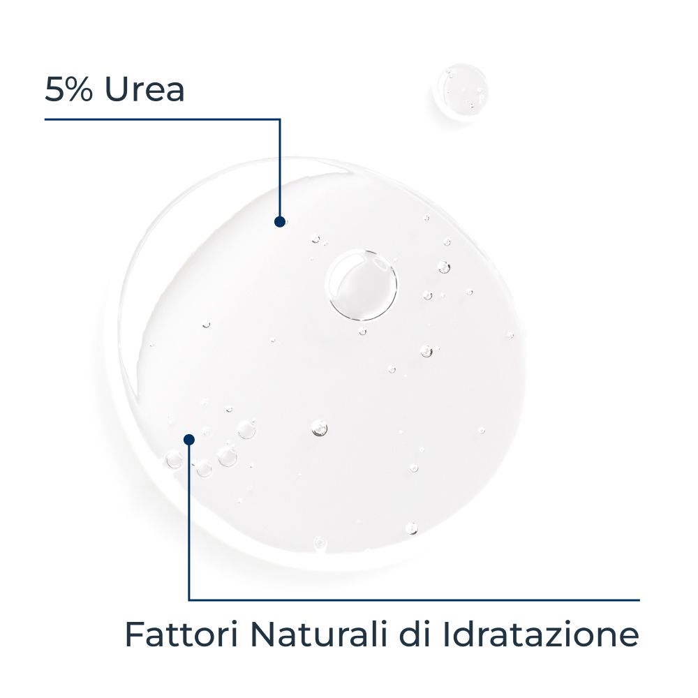 Primo piano di gel trasparente con 5% urea e fattori naturali di idratazione.