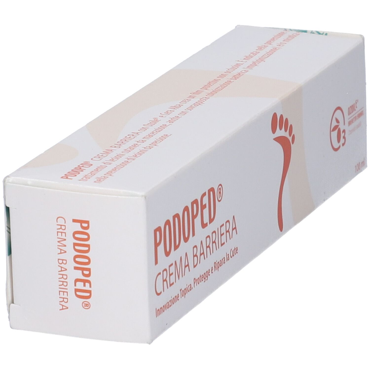 Scatola bianca inclinata PODOPED CREMA BARRIERA. Logo impronta di piede. Testo: Innovazione topica. 100 ml.