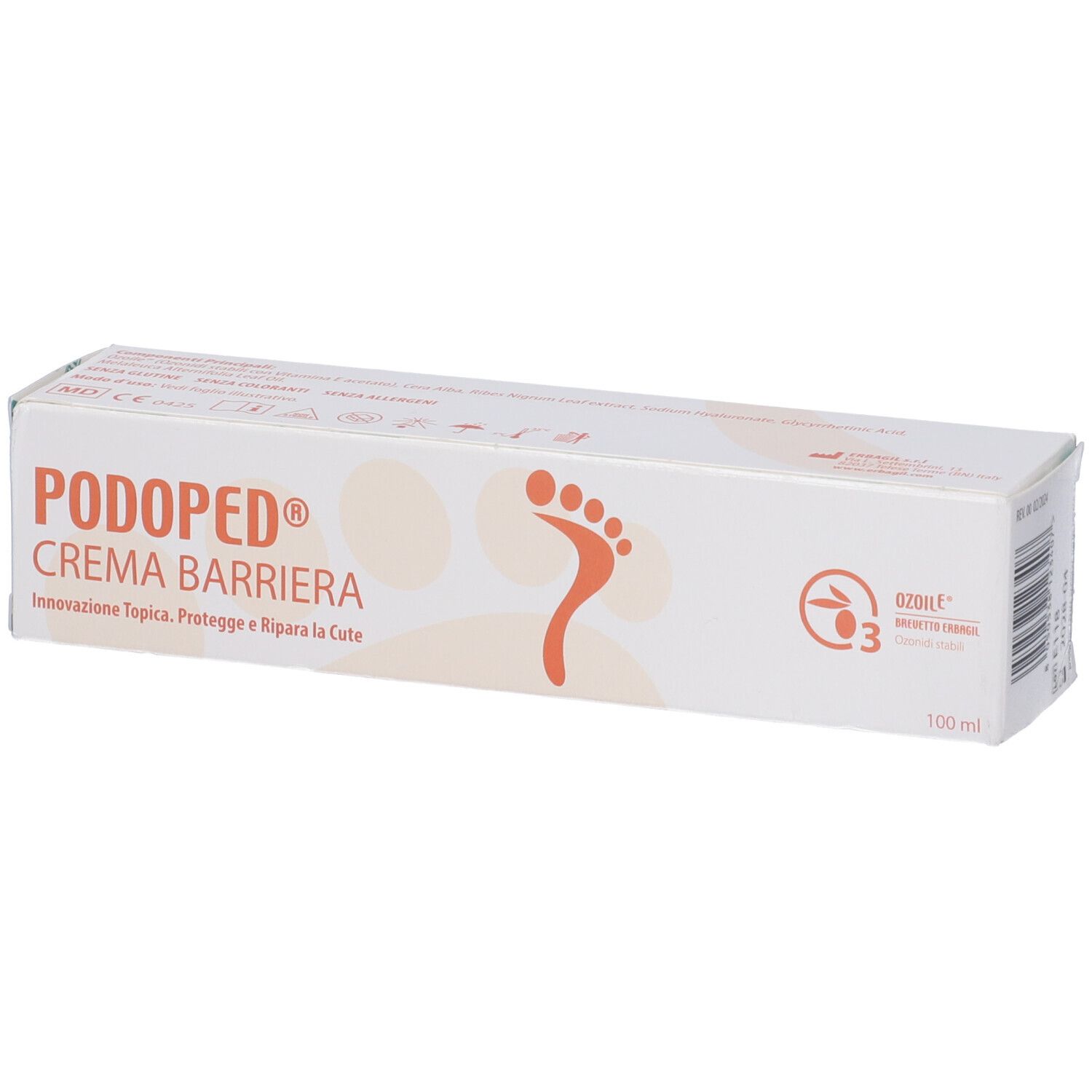 Scatola bianca PODOPED CREMA BARRIERA. Logo impronta di piede. Testo: Innovazione topica. 100 ml. Certificazione ozono.