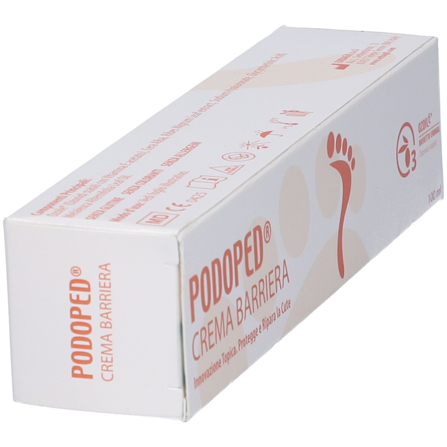 Scatola bianca inclinata PODOPED CREMA BARRIERA. Logo impronta di piede. Testo: Innovazione topica. 100 ml.