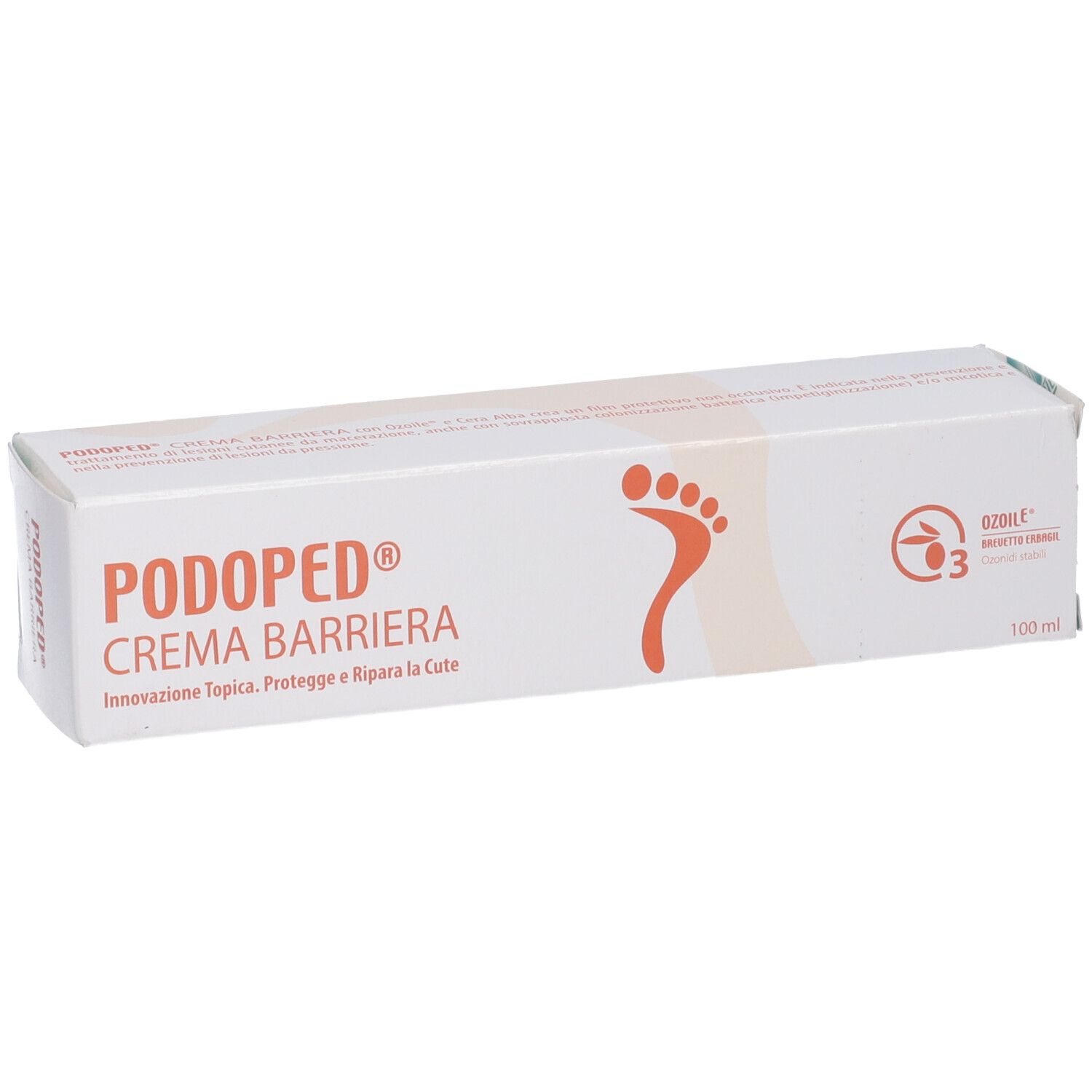 Scatola bianca PODOPED CREMA BARRIERA. Logo impronta di piede. Testo: Innovazione topica. 100 ml. Certificazione ozono.