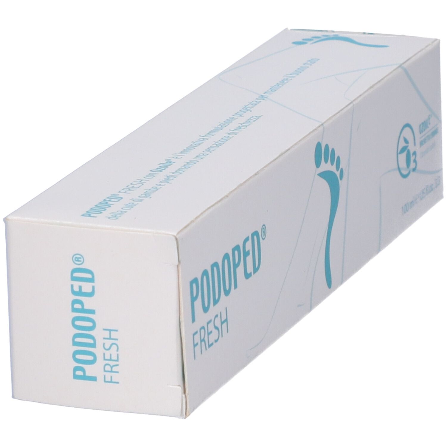 Scatola con impronta di piede blu e scritta PODOPED FRESH. Certificazione ozono. Vista obliqua.