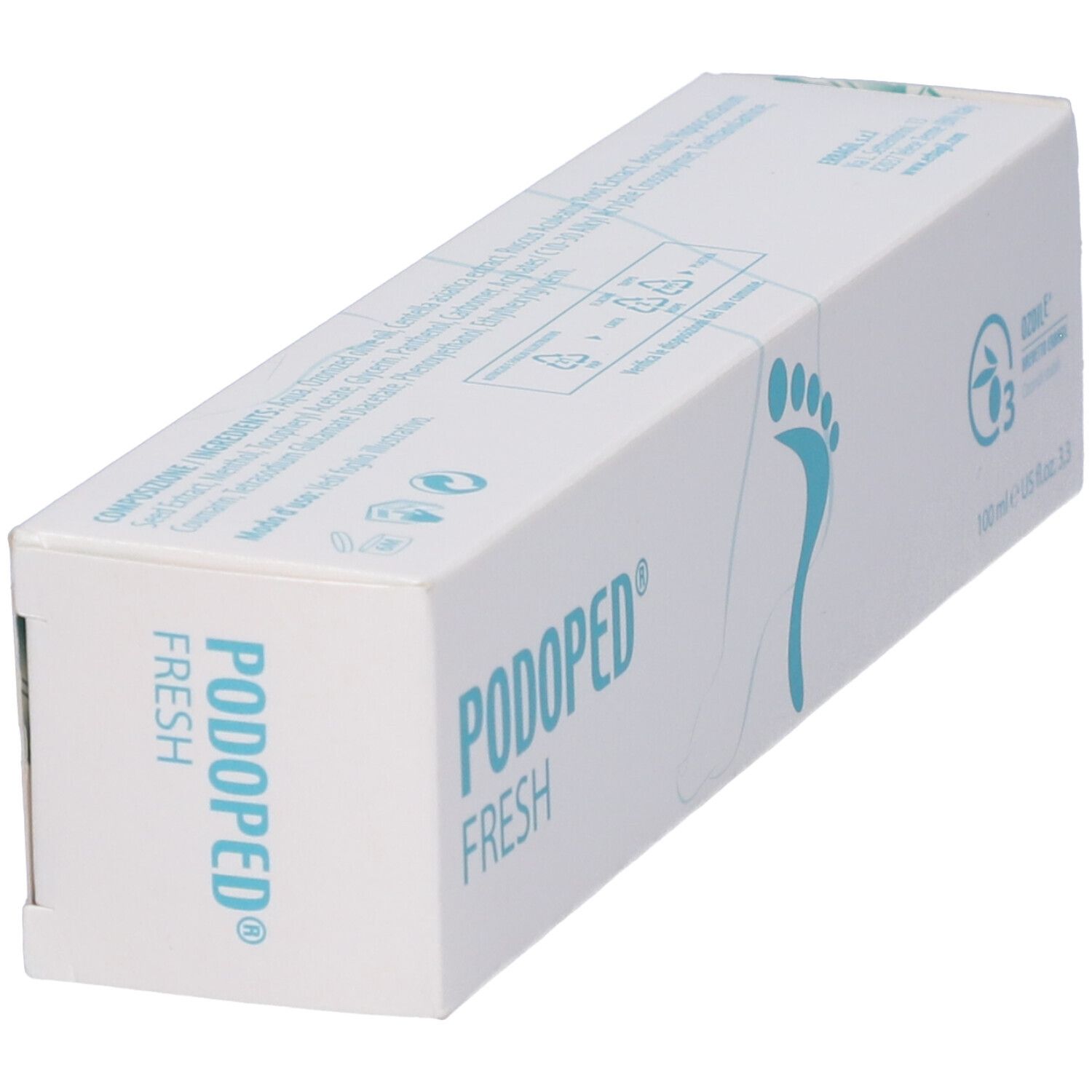 Scatola con impronta di piede blu e scritta PODOPED FRESH. Certificazione ozono. Vista obliqua.