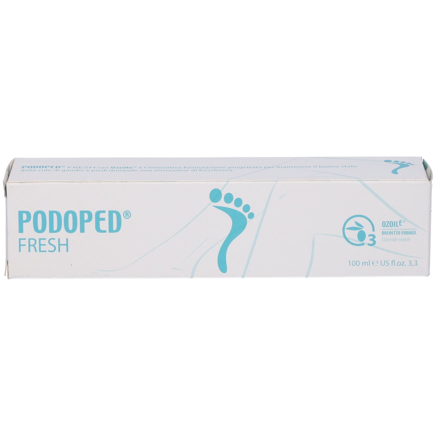 Scatola bianca con impronta di piede blu e scritta PODOPED FRESH. Certificazione ozono.