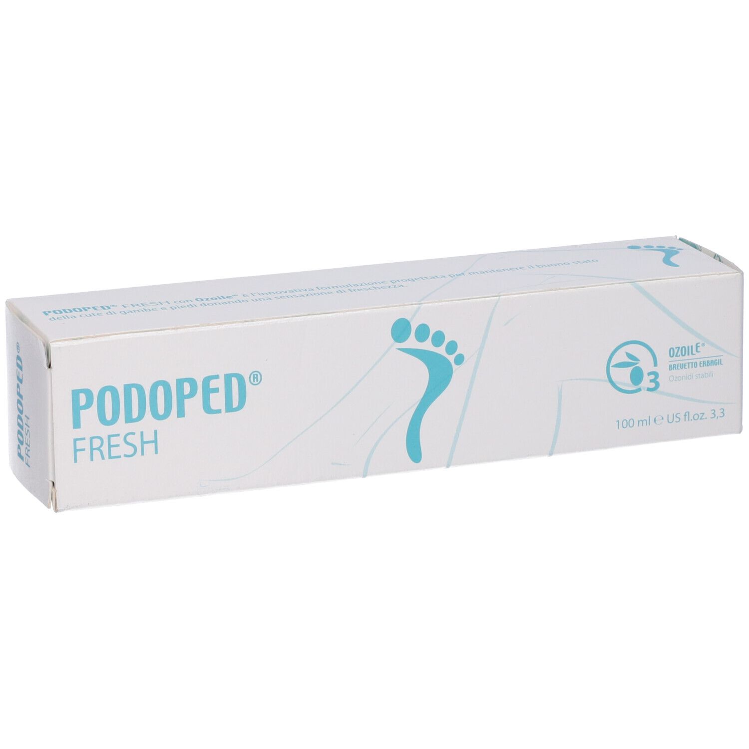 Scatola bianca con impronta di piede blu e scritta PODOPED FRESH. Certificazione ozono.