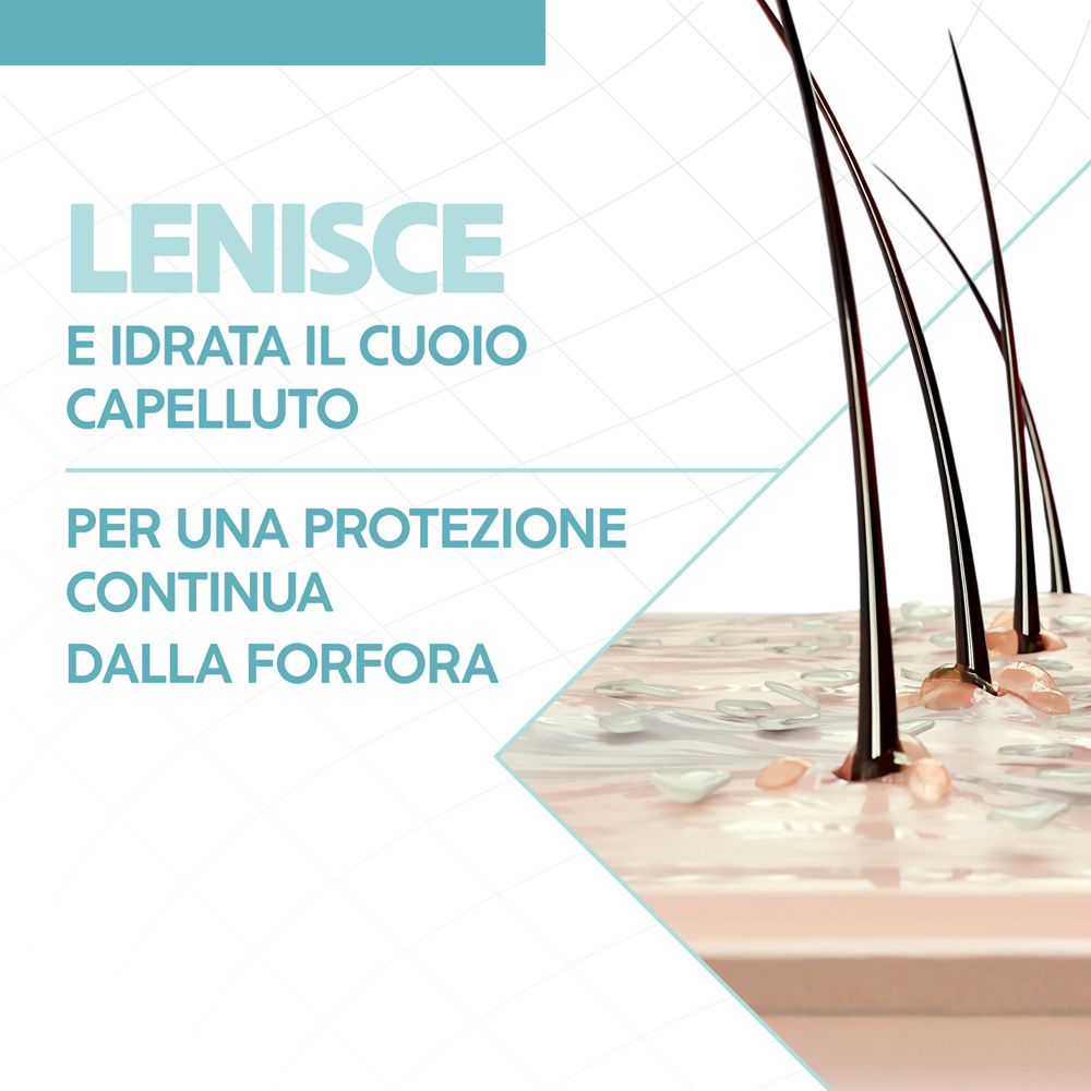 Grafica: capelli e cuoio capelluto. Testo: Lenisce e idrata il cuoio capelluto. Per una protezione continua dalla forfora.