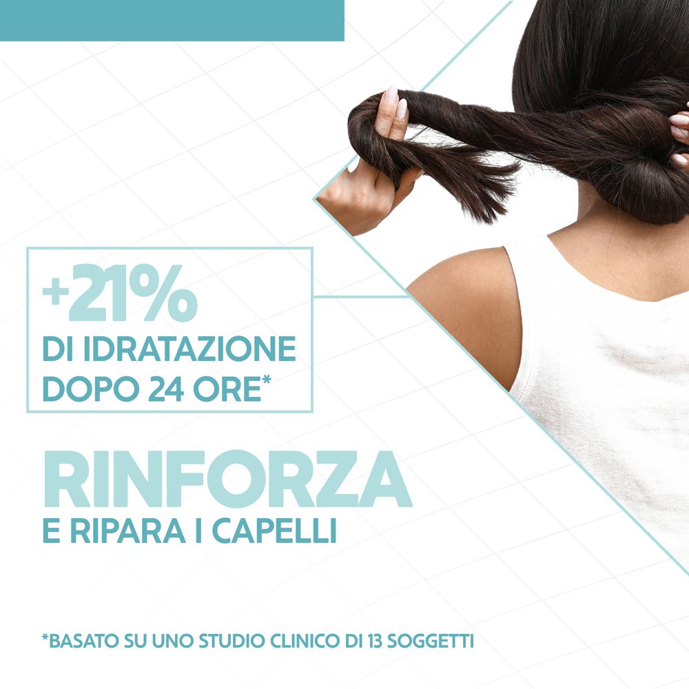 Grafica: donna con i capelli. Testo: +21% di idratazione dopo 24 ore. Rinforza e ripara i capelli. Basato su uno studio clinico.
