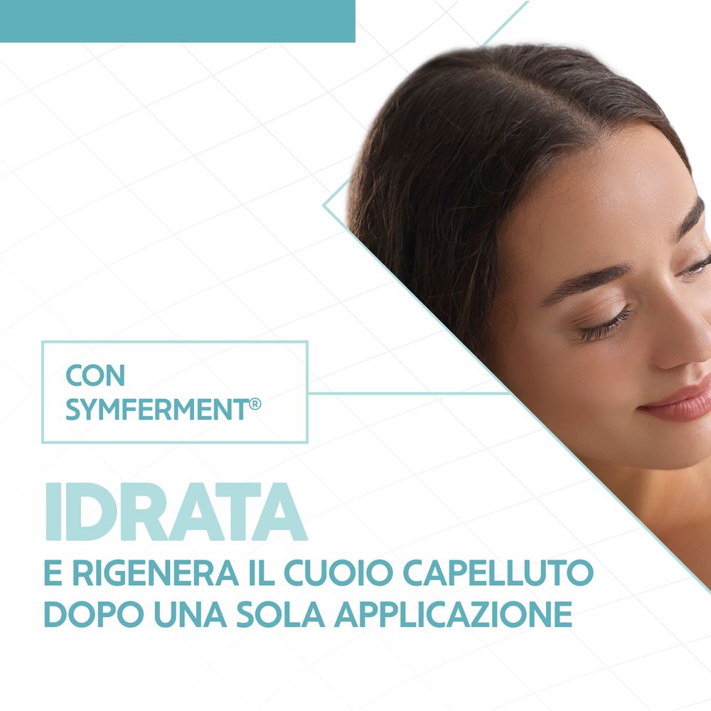 Grafica: donna. Testo: Con Symferment. Idratata e rigenera il cuoio capelluto dopo una sola applicazione.