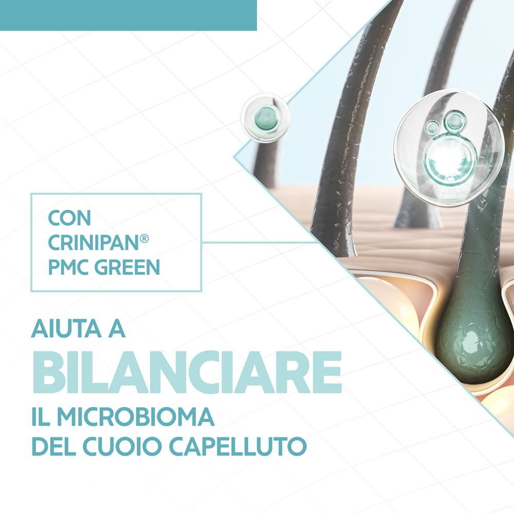 Grafica: capelli e cuoio capelluto. Testo: Con Crinipan PMC Green. Aiuta a bilanciare il microbioma del cuoio capelluto.