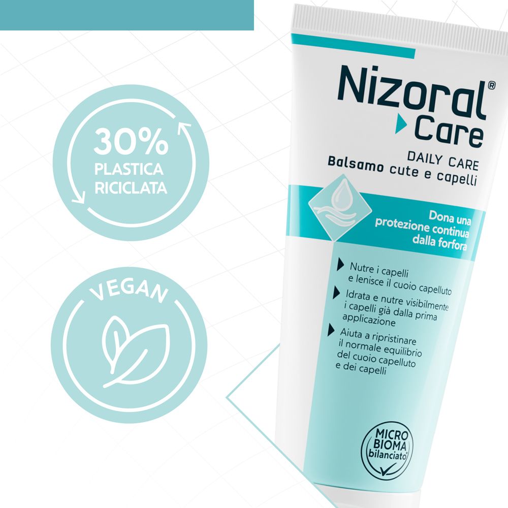 Tubo bianco e turchese. Scritta: Nizoral Care, Daily Care, Balsamo cute e capelli. Sigilli vegan e riciclo.