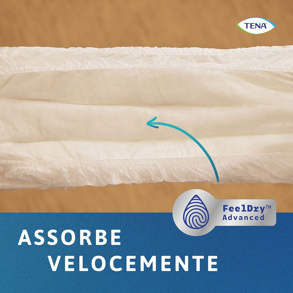Dettaglio TENA ProSkin Pants. Strato assorbente. Testo: Assorbe velocemente. Logo FeelDry Advanced.