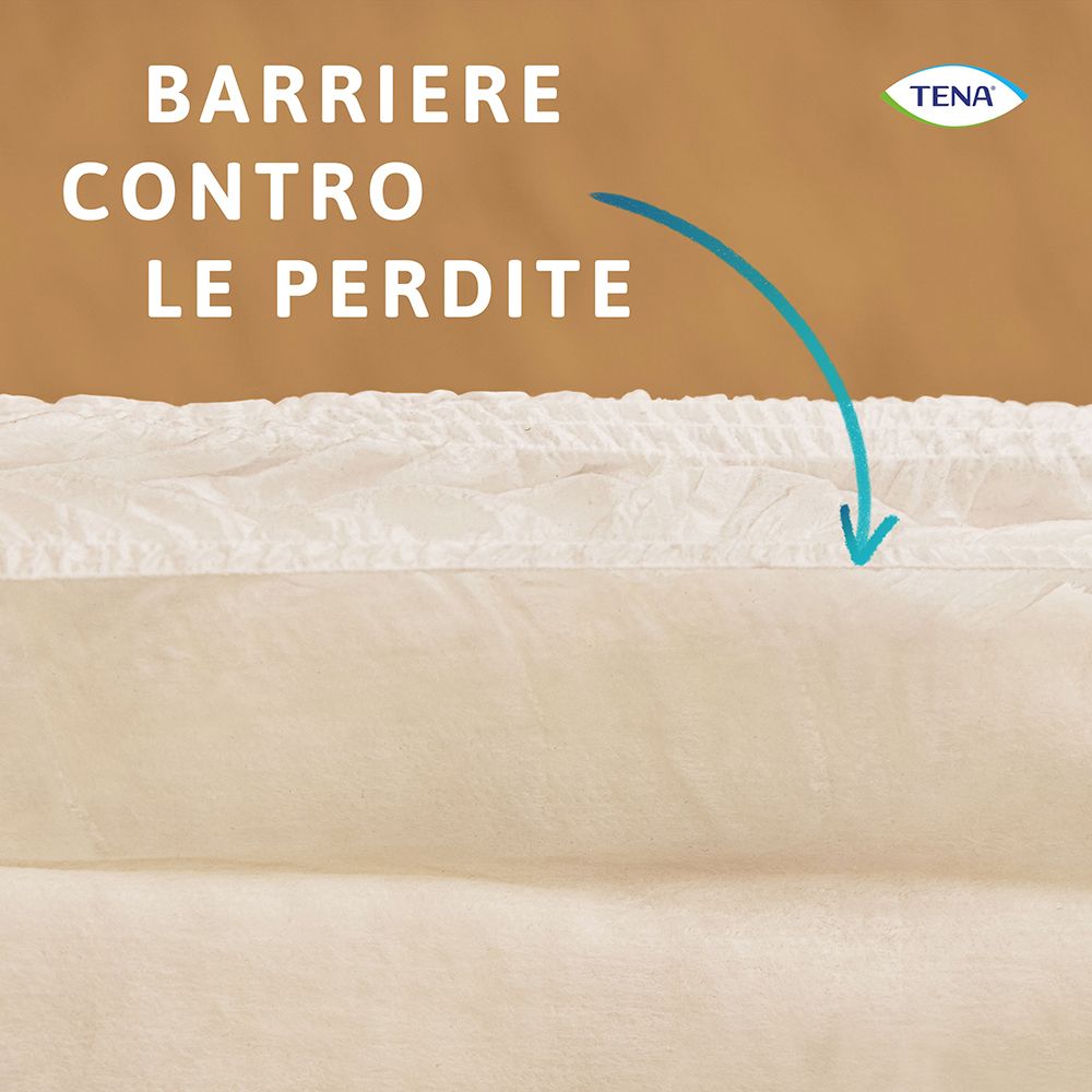 Dettaglio TENA ProSkin Pants. Testo: Barriere contro le perdite. Logo TENA.