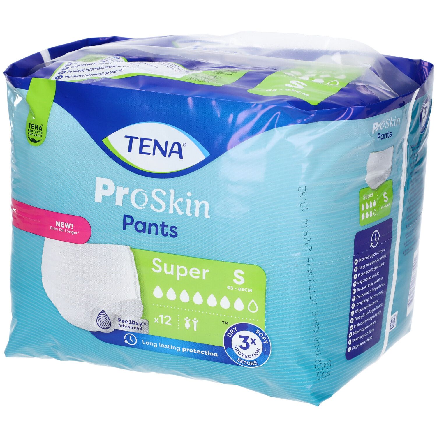 Confezione TENA ProSkin Pants Super, taglia S. Confezione blu con immagine del prodotto e informazioni.